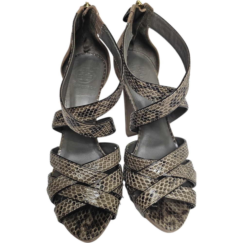 Tory Burch Gray Brown Suede Leather Animal Print Strappy Block Heels Size 9 - Picture 3 of 14